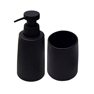 Porta Sabonete Liquido e Porta Escova de Dente Cerâmica Listras Preto
