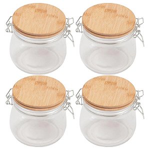 Kit 4 Pote de Vidro 450ml Tampa de Bambu Trava Hermética – Porta Mantimentos, Café, Açúcar, Temperos