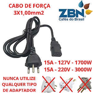 CABO DE FORÇA PADRÃO BRASIL 15A (110/220V) 3x1,00mm2 (PLUG 2P+T) 1,5 METRO