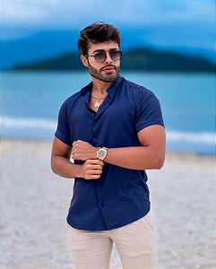 Camisa Gola Padre Azul Marinho Manga Curta