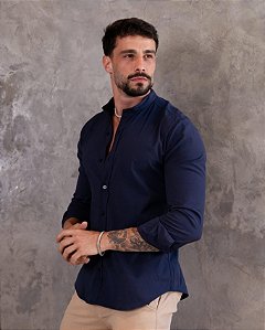 Camisa Azul Marinho Manga Longa - Gola Padre