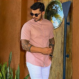 Camisa Marrom Claro Gola Padre - Manga Curta