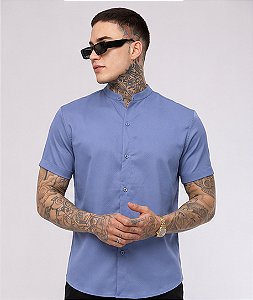 Camisa Cinza Azulado Gola Padre - Manga Curta