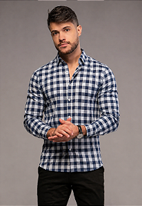 Camisa Xadrez Branca e Azul - Manga Longa