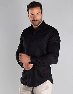 Camisa Preta no Linho Manga Longa - Gola Italiana