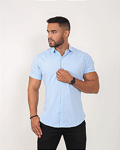 Camisa Azul Bebê Acetinado Gola Italiana - Manga Curta