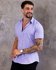 Camisa Lilás Acetinado Gola Italiana - Manga Curta