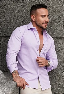 Camisa Lilás no Linho Gola Italiana - Manga Longa