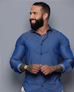 Camisa Azul Escuro Tencel Gola Italiana - Manga Longa