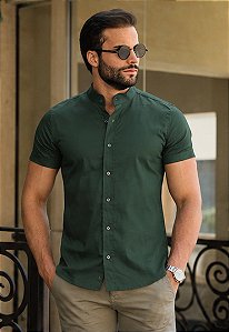 Camisa Verde Militar Gola Padre - Manga Curta