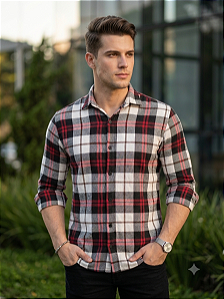 Camisa Xadrez Branco Flanela - Manga Longa