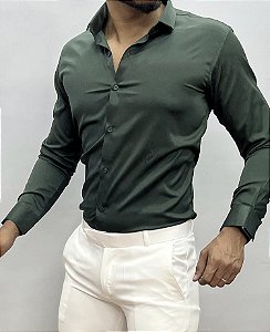 Camisa Verde Militar Manga Longa Slim - Gola Italiana