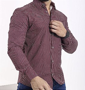 Camisa Estampada Vinho Manga Longa Slim - Gola Italiana