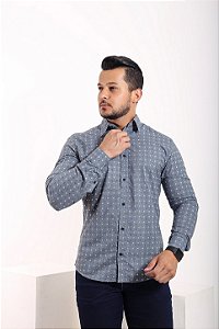 Camisa Estampada Azul Manga Longa Slim - Gola Italiana