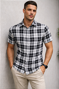 Camisa Xadrez Branca Flanela - Manga Curta