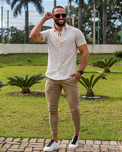 Camisa Bege Gola Italiana - Manga Curta