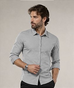 Camisa Social Cinza em Linho Gola Italiana - Manga Longa