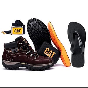 Kit Bota Adventure Caterpillar em Couro + Chinelo Carteira Cinto Palmilha