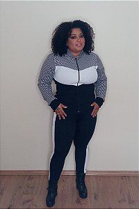 Conjunto de Crepe xadrez preto e branco jaqueta com ziper e capuz