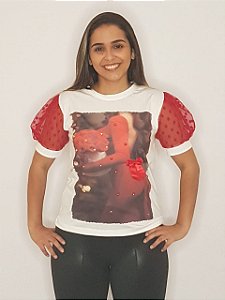 T Shirts de Luxo soft trend com manga de renda e estampa