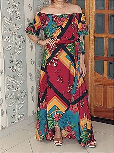 Conjunto em 2 peças cropped ciganinha com saia longa envelope em sedinha