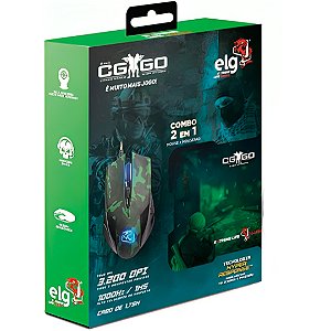 Kit 2 em 1 Mouse 6 Botões 3.200DPI e Mousepad, CSGO - ELG