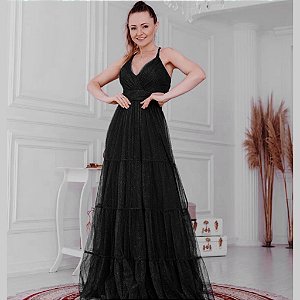 Vestido elegante Preto madrinha e convidadas tule brilhoso