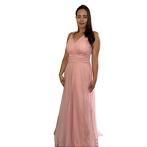 Vestido Rose Longo Com Fenda Plus Size Brilhante Madrinha