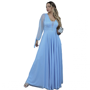 Vestido de Festas Azul Serenity com Manga Longa e Fenda