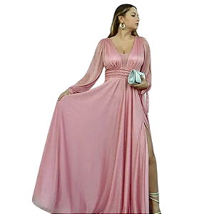 Vestido de Festa Rose com Manga Longa Brilhoso e Fenda