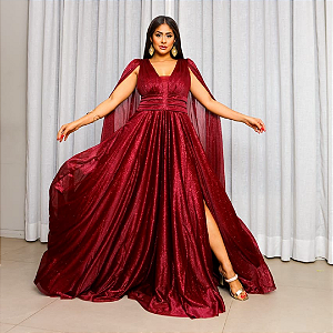 Vestido de Festa Longo de Lurex Com Capa Marsala