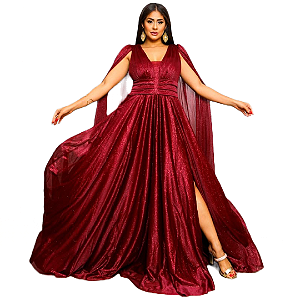 Vestido de Festa Longo de Lurex Com Capa Marsala