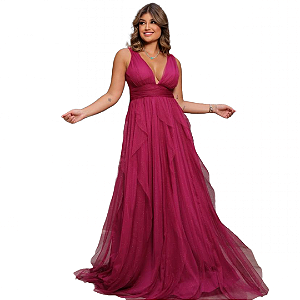 vestido longo de tule alça larga com camadas Fúcsia