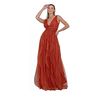 Vestido Terracota Madrinha  longo com Camadas de Tule