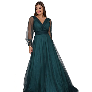 vestido de formatura verde esmeralda longo com manga longa