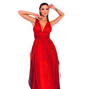 vestido de festa vermelho longo com saia em tule de camadas