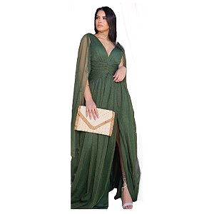 Vestido de Festa Verde Oliva Manga capa Tule Brilhoso e Fenda