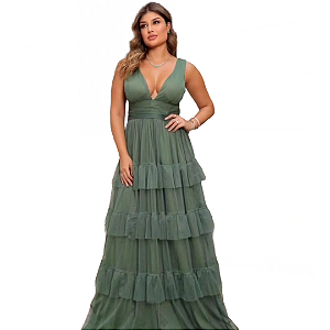Vestido Verde Oliva Longo em Tule Sem Brilho Saia em Camadas
