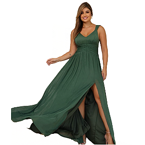 Vestido Verde Oliva Longo em Tule Sem Brilho com Fenda