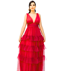 Vestido Vermelho em Tule Sem Brilho Saia em Camadas