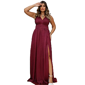 Vestido Marsala para Madrinha de Casamento com Fenda Lurex