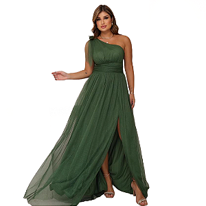 vestido verde oliva festa Longo com fenda sem brilho