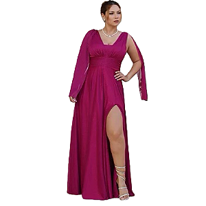Vestido Madrinha Manga Capa em Lurex com Fenda