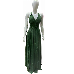Vestido de Madrinha Verde Oliva Longo em Lurex com fenda