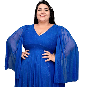 Vestido Plus Size Longo Manga Capa Fenda Lurex Madrinhas