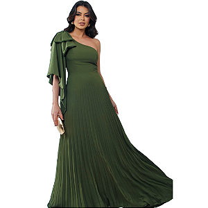 Vestido de Festa Longo Plissado em Verde Oliva sem Brilho
