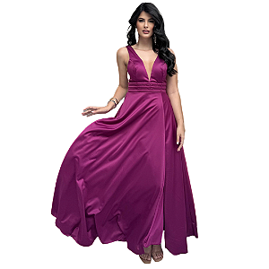 Vestido Fúcsia Longo Festa Acetinado com Fenda Lateral