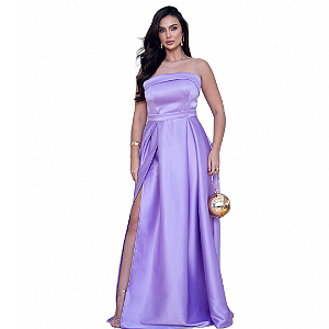 Vestido madrinha Longo Festa Acetinado com Fenda Lateral