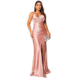 Vestido Slip Dress Rose Longo com Alça de Strass
