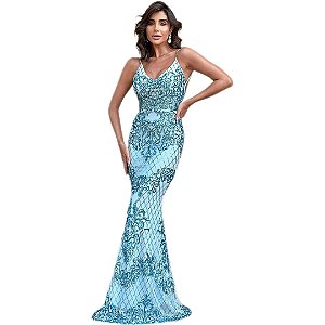 Vestido Azul Serenity Paetê Sereia